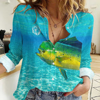 Mahi Mahi  Fishing Customize Name Women Casual Shirt Underwater Blue Background in Tropical Ocean Scene - Wonder Print Shop