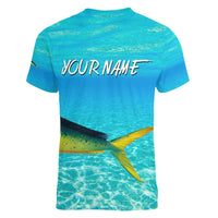 Mahi Mahi  Fishing Customize Name Women V-Neck T-Shirt Underwater Blue Background in Tropical Ocean Scene - Wonder Print Shop