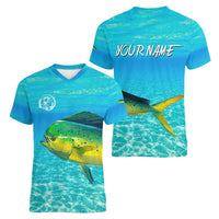 Mahi Mahi  Fishing Customize Name Women V-Neck T-Shirt Underwater Blue Background in Tropical Ocean Scene - Wonder Print Shop