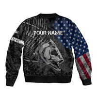 Walleye Fishing Skeleton Personalized Bomber Jacket Grunge American Flag and Realistic Fish Graphic - Wonder Print Shop
