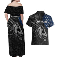 Walleye Fishing Skeleton Personalized Couples Matching Off Shoulder Maxi Dress and Hawaiian Shirt Grunge American Flag and Realistic Fish Graphic - Wonder Print Shop
