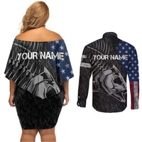 Walleye Fishing Skeleton Personalized Couples Matching Off Shoulder Short Dress and Long Sleeve Button Shirt Grunge American Flag and Realistic Fish Graphic - Wonder Print Shop