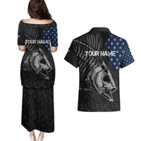 Walleye Fishing Skeleton Personalized Couples Matching Puletasi and Hawaiian Shirt Grunge American Flag and Realistic Fish Graphic - Wonder Print Shop