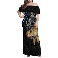 Walleye Fishing Skeleton Personalized Family Matching Off Shoulder Maxi Dress and Hawaiian Shirt Grunge American Flag and Realistic Fish Graphic - Wonder Print Shop