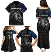 Walleye Fishing Skeleton Personalized Family Matching Puletasi and Hawaiian Shirt Grunge American Flag and Realistic Fish Graphic - Wonder Print Shop