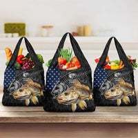 Walleye Fishing Skeleton Personalized Grocery Bag Grunge American Flag and Realistic Fish Graphic - Wonder Print Shop