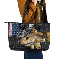 Walleye Fishing Skeleton Personalized Leather Tote Bag Grunge American Flag and Realistic Fish Graphic - Wonder Print Shop