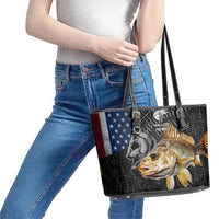 Walleye Fishing Skeleton Personalized Leather Tote Bag Grunge American Flag and Realistic Fish Graphic - Wonder Print Shop