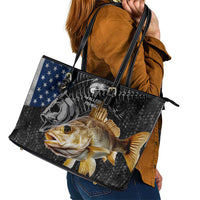 Walleye Fishing Skeleton Personalized Leather Tote Bag Grunge American Flag and Realistic Fish Graphic - Wonder Print Shop