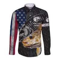 Walleye Fishing Skeleton Personalized Long Sleeve Button Shirt Grunge American Flag and Realistic Fish Graphic - Wonder Print Shop