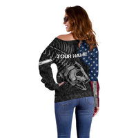 Walleye Fishing Skeleton Personalized Off Shoulder Sweater Grunge American Flag and Realistic Fish Graphic - Wonder Print Shop