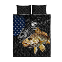 Walleye Fishing Skeleton Personalized Quilt Bed Set Grunge American Flag and Realistic Fish Graphic - Wonder Print Shop