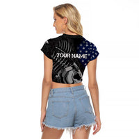 Walleye Fishing Skeleton Personalized Raglan Cropped T Shirt Grunge American Flag and Realistic Fish Graphic - Wonder Print Shop