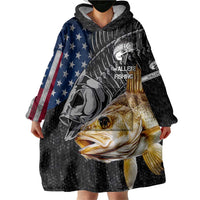 Walleye Fishing Skeleton Personalized Wearable Blanket Hoodie Grunge American Flag and Realistic Fish Graphic - Wonder Print Shop