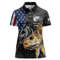 Walleye Fishing Skeleton Personalized Women Polo Shirt Grunge American Flag and Realistic Fish Graphic - Wonder Print Shop