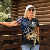 Walleye Fishing Skeleton Personalized Women Polo Shirt Grunge American Flag and Realistic Fish Graphic - Wonder Print Shop