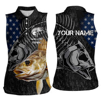 Walleye Fishing Skeleton Personalized Women Sleeveless Polo Shirt Grunge American Flag and Realistic Fish Graphic - Wonder Print Shop