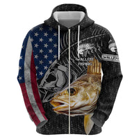 Walleye Fishing Skeleton Personalized Zip Hoodie Grunge American Flag and Realistic Fish Graphic - Wonder Print Shop