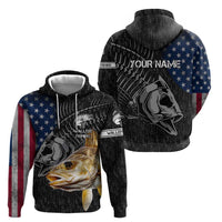 Walleye Fishing Skeleton Personalized Zip Hoodie Grunge American Flag and Realistic Fish Graphic - Wonder Print Shop