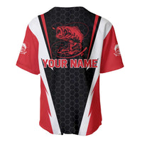Bass Fishing Personalized Baseball Jersey Bold Red and Black Lightning Pattern and Honeycomb Background - Wonder Print Shop