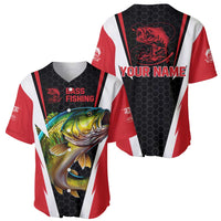 Bass Fishing Personalized Baseball Jersey Bold Red and Black Lightning Pattern and Honeycomb Background - Wonder Print Shop