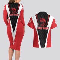 Bass Fishing Personalized Couples Matching Long Sleeve Bodycon Dress and Hawaiian Shirt Bold Red and Black Lightning Pattern and Honeycomb Background - Wonder Print Shop