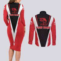 Bass Fishing Personalized Couples Matching Long Sleeve Bodycon Dress and Long Sleeve Button Shirt Bold Red and Black Lightning Pattern and Honeycomb Background - Wonder Print Shop