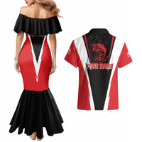 Bass Fishing Personalized Couples Matching Mermaid Dress and Hawaiian Shirt Bold Red and Black Lightning Pattern and Honeycomb Background - Wonder Print Shop