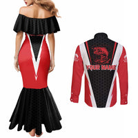 Bass Fishing Personalized Couples Matching Mermaid Dress and Long Sleeve Button Shirt Bold Red and Black Lightning Pattern and Honeycomb Background - Wonder Print Shop