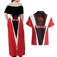 Bass Fishing Personalized Couples Matching Off Shoulder Maxi Dress and Hawaiian Shirt Bold Red and Black Lightning Pattern and Honeycomb Background - Wonder Print Shop