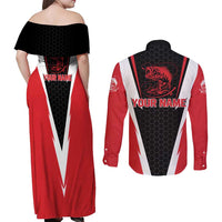 Bass Fishing Personalized Couples Matching Off Shoulder Maxi Dress and Long Sleeve Button Shirt Bold Red and Black Lightning Pattern and Honeycomb Background - Wonder Print Shop