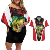 Bass Fishing Personalized Couples Matching Off Shoulder Short Dress and Hawaiian Shirt Bold Red and Black Lightning Pattern and Honeycomb Background - Wonder Print Shop