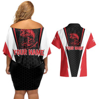 Bass Fishing Personalized Couples Matching Off Shoulder Short Dress and Hawaiian Shirt Bold Red and Black Lightning Pattern and Honeycomb Background - Wonder Print Shop