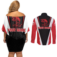 Bass Fishing Personalized Couples Matching Off Shoulder Short Dress and Long Sleeve Button Shirt Bold Red and Black Lightning Pattern and Honeycomb Background - Wonder Print Shop