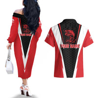 Bass Fishing Personalized Couples Matching Off The Shoulder Long Sleeve Dress and Hawaiian Shirt Bold Red and Black Lightning Pattern and Honeycomb Background - Wonder Print Shop