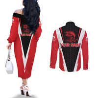 Bass Fishing Personalized Couples Matching Off The Shoulder Long Sleeve Dress and Long Sleeve Button Shirt Bold Red and Black Lightning Pattern and Honeycomb Background - Wonder Print Shop