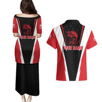 Bass Fishing Personalized Couples Matching Puletasi and Hawaiian Shirt Bold Red and Black Lightning Pattern and Honeycomb Background - Wonder Print Shop