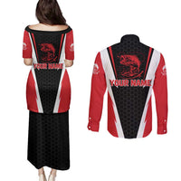 Bass Fishing Personalized Couples Matching Puletasi and Long Sleeve Button Shirt Bold Red and Black Lightning Pattern and Honeycomb Background - Wonder Print Shop