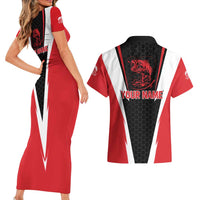 Bass Fishing Personalized Couples Matching Short Sleeve Bodycon Dress and Hawaiian Shirt Bold Red and Black Lightning Pattern and Honeycomb Background - Wonder Print Shop