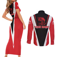Bass Fishing Personalized Couples Matching Short Sleeve Bodycon Dress and Long Sleeve Button Shirt Bold Red and Black Lightning Pattern and Honeycomb Background - Wonder Print Shop