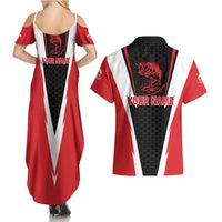 Bass Fishing Personalized Couples Matching Summer Maxi Dress and Hawaiian Shirt Bold Red and Black Lightning Pattern and Honeycomb Background - Wonder Print Shop