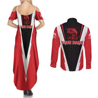 Bass Fishing Personalized Couples Matching Summer Maxi Dress and Long Sleeve Button Shirt Bold Red and Black Lightning Pattern and Honeycomb Background - Wonder Print Shop
