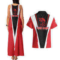 Bass Fishing Personalized Couples Matching Tank Maxi Dress and Hawaiian Shirt Bold Red and Black Lightning Pattern and Honeycomb Background - Wonder Print Shop