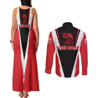 Bass Fishing Personalized Couples Matching Tank Maxi Dress and Long Sleeve Button Shirt Bold Red and Black Lightning Pattern and Honeycomb Background - Wonder Print Shop