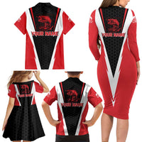 Bass Fishing Personalized Family Matching Long Sleeve Bodycon Dress and Hawaiian Shirt Bold Red and Black Lightning Pattern and Honeycomb Background - Wonder Print Shop