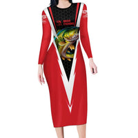 Bass Fishing Personalized Family Matching Long Sleeve Bodycon Dress and Hawaiian Shirt Bold Red and Black Lightning Pattern and Honeycomb Background - Wonder Print Shop