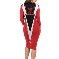 Bass Fishing Personalized Family Matching Long Sleeve Bodycon Dress and Hawaiian Shirt Bold Red and Black Lightning Pattern and Honeycomb Background - Wonder Print Shop