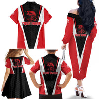 Bass Fishing Personalized Family Matching Off The Shoulder Long Sleeve Dress and Hawaiian Shirt Bold Red and Black Lightning Pattern and Honeycomb Background - Wonder Print Shop