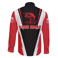 Bass Fishing Personalized Family Matching Off The Shoulder Long Sleeve Dress and Hawaiian Shirt Bold Red and Black Lightning Pattern and Honeycomb Background - Wonder Print Shop