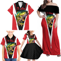 Bass Fishing Personalized Family Matching Off Shoulder Maxi Dress and Hawaiian Shirt Bold Red and Black Lightning Pattern and Honeycomb Background - Wonder Print Shop